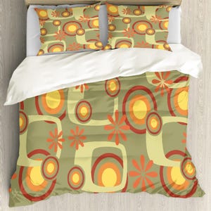 MCM Green and orange polyester duvet cover, retro bedding, Mid Mod Bedroom, bedroom bed cover set