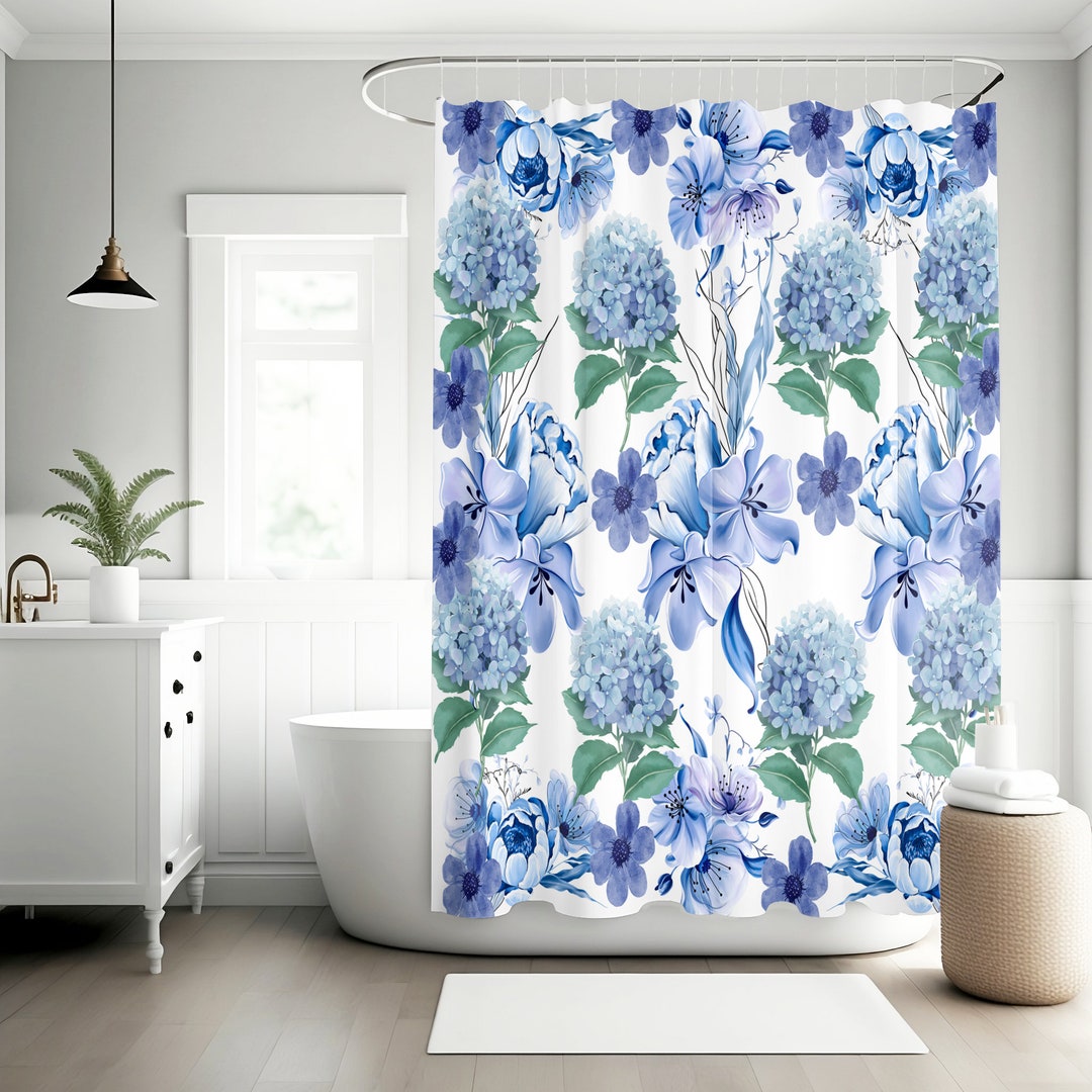Blue Hydrangeas Flower Shower Curtain, Floral Bath Decor, Shower Stall ...