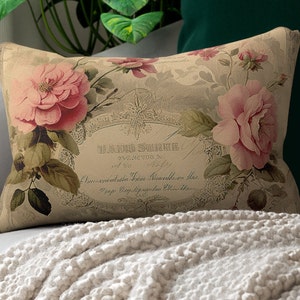 Shabby chic floral certificate Lumbar Pillow, French vintage, Farmhouse, country cottage decor, bedroom living room pillow
