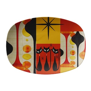 Atomic cat retro serving platter, Mid Mod plate, Mid Century modern, MCM dining ware, Black cat lover gift
