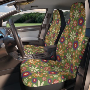 Vintage Blooms: Retro Flower Car Seat Covers for a Timeless Ride - High quality thick polyester fabric