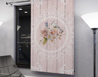 Blush Pink Bird Window Curtain: Shabby Chic Woodgrain Blackout (1 Piece)