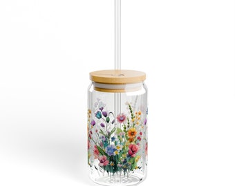 Wildblumen Blumen Sipper Glas, 16oz, Blumen Glas, niedliche Kaffeetasse, Eiskaffee Glas, Trinkglas