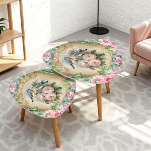 Birds and flowers Shabby chic Triangle Coffee Table Set of 2 (Made in USA)