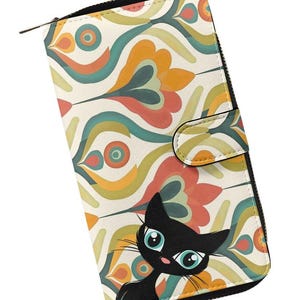 Cartera larga con solapa colorida retro de gato atómico, monedero de cuero de PU, estilo moderno de mediados de siglo, regalo para amantes de los gatos negros