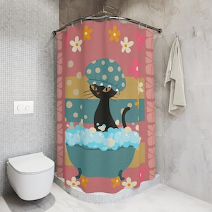 Cortina de chuveiro charmosa com estampa de gato atômico, decoração de banheiro, presente para amantes de gatos pretos, acessório criativo para casa, design divertido, meados do século