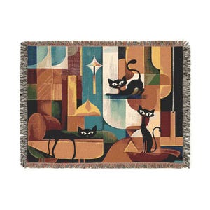 Atomic Cat Gewebte Decke, Gemütliches Wohn Dekor, Geschenk für Katzen Liebhaber, Handgemachter Wurf, Einzigartige Katzen Kunst, Wohnzimmer Akzent, Boho Decke