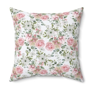Pink and white flowers floral Spun Polyester Square Pillow, shabby chic style, vintage roses, Farmhouse, cottage,  scatter throw cushion
