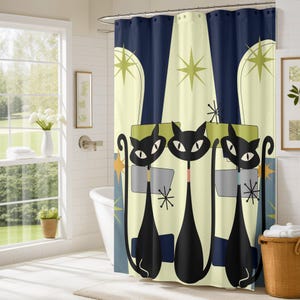 Cortina de chuveiro retrô MCM de gato atômico, decoração de banheiro de meados do século, cortina de box de banheira