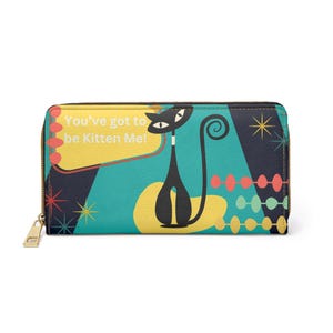 Portefeuille à glissière d'inspiration rétro chat atomique, sac à main MCM, style kitsch des années 50, portefeuille coloré, Mid Century Modern, cadeau pour amoureux des chats noirs