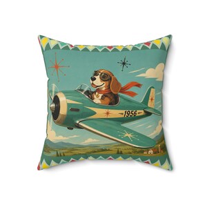 Oreiller d'avion vintage pour chien Beagle Pilot | Oreiller carré rétro aviation image 4