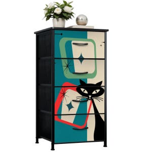 May include: A black and teal mid-century modern style dresser with four drawers. The drawer fronts feature a retro cat design and geometric shapes. A small white vase with flowers and a silver sphere sit on top.