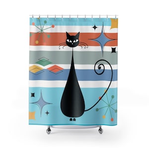 Cortina de chuveiro retrô de gato gordo e atômico, presente fofo de gato, moderno de meados do século, decoração de banheiro MCM