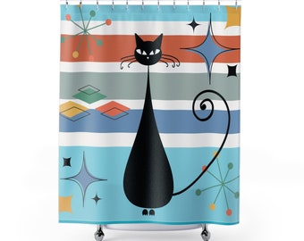 Atomic Cat Shower Curtain: Mid-Century Modern Bathroom Decor