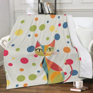 Colorful dots Atomic cat Dual-sided Stitched Blanket, retro throw, MCM home decor, cat lover gift