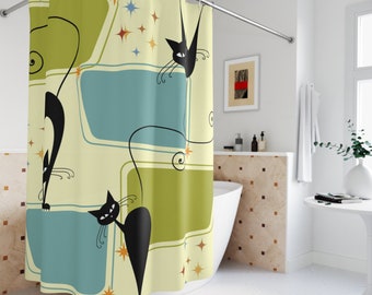 Mid Century Modern Atomic cat retro Shower Curtain, vintage inspired, retro bathroom, bathtub stall
