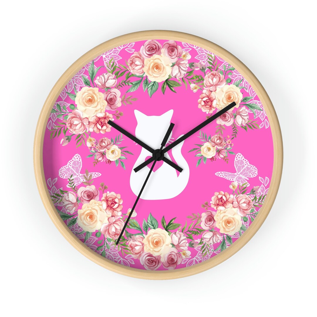 Pink Flower and Lace Cat Wall Clock, Cat Lover Gift, Floral Clock