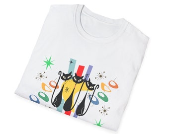 Atomic Cat Art T-Shirt: Mid-Century Modern Black Cat Lover Tee