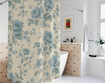 Blue Rose Floral Shower Curtain: Shabby Chic Bathroom Decor