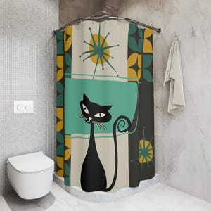 Cortina de chuveiro com estampa de gato atômico, estilo moderno de meados do século, decoração de banheiro MCM, presente exclusivo para amantes de gatos, decoração de chuveiro estilo vintage, casa retrô