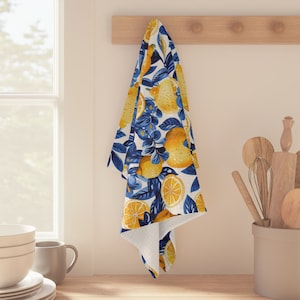Lemons design Microfiber Tea Towel, yellow and blue, kitchen accessory, fruit design, kitchen towel, housewarming gift