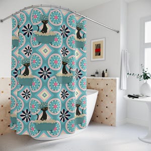 Cortina de chuveiro com estampa de gato atômico, decoração divertida para banheiro, acessório exclusivo para banheiro, presente para amantes de gatos, ideias de decoração para casa MCM, kitsch, estilo moderno de meados do século