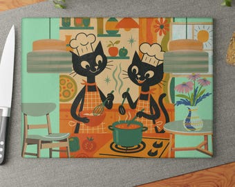Ilustración de Atomic Cats Cooking: tabla de cortar de vidrio / cocina retro, chefs gatos negros