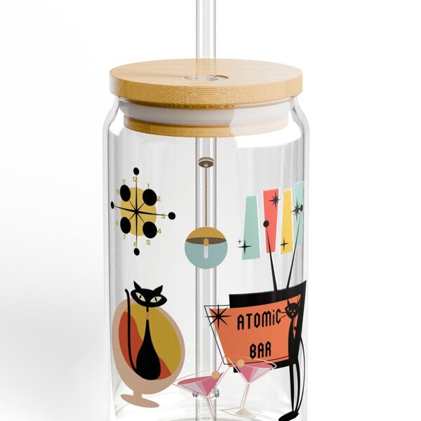 Atomic bar cat Sipper Glass, 16oz, cute coffee glass, Mid Century modern, retro barware, iced coffee cup with or without lid and straw