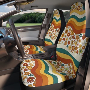 Vintage Vibes: Retro Stripes and Flower Fusion Car Seat Covers for a Stylish Ride