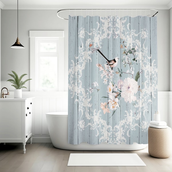 Shabby Chic Blue wood look Shower Curtain with Birds and Blossoms, vintage curtains, floral curtains, stall bathtub curtain