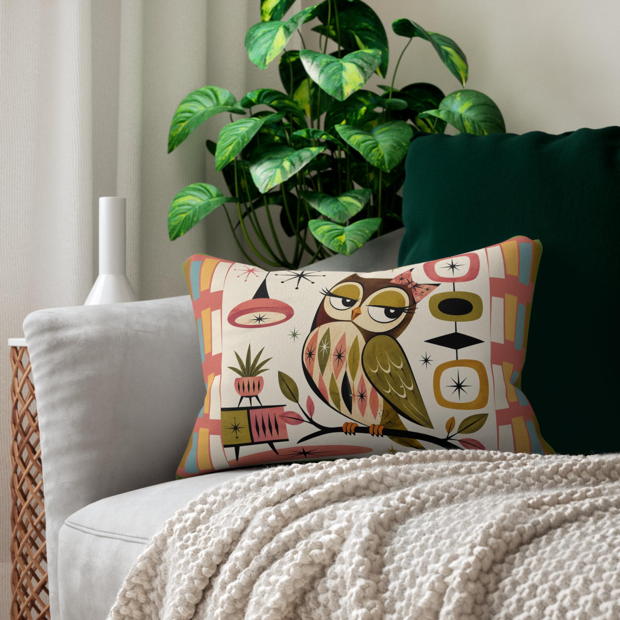 Mid Century Owl Lumbar Pillow | Retro Atomic Owl Throw Pillow