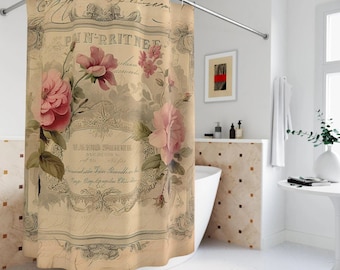 Pink roses Old script certificate shabby chic Shower Curtain, French vintage inspired, floral bathroom, rustic shower curtain