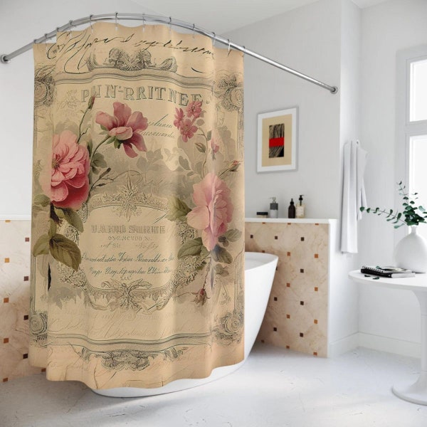 Rideau de douche shabby chic, certificat ancien script roses roses, inspiration vintage Français, salle de bain florale, rideau de douche rustique