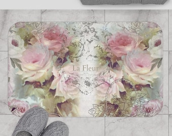 Shabby chic, Pink roses, vintage floral Bath Mat