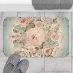 Vintage Pink rose bath decor shabby chic style Bath Mat with Delicate Pink Flowers