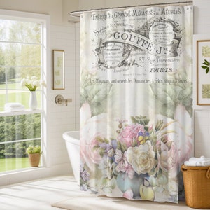 Shabby chic pink and purple vased flowers, bathroom decor, floral Polyester Shower Curtain