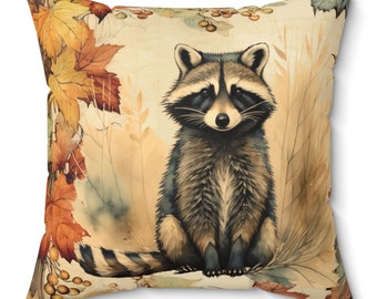 Raccoon fall shabby chic style Spun Polyester Pillow, autumn earth tone, woodland creatures, chair couch throw scatter cushion