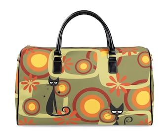 Retro Black Atomic Cat Pattern PU Leather Travel Bag | 70s Circles Floral Duffle