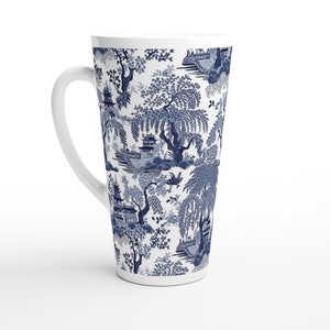 Blue Chinoiserie Pattern 17oz latte mug, tall coffee Asian design, home decor, big coffee chai tea cup