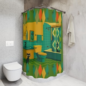 Cortina de chuveiro com estampa de gato atômico, decoração de banheiro, presente para amantes de gatos, acessório colorido para casa, arte engraçada para banheiro, decoração exclusiva para chuveiro