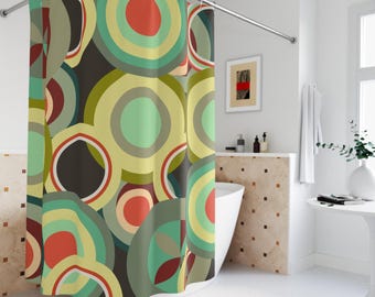 Cortina de ducha con círculos retro: decoración de baño moderna de mediados de siglo