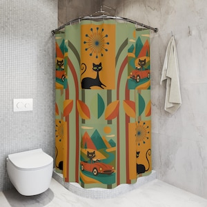 Cortina de Chuveiro com Gato Atômico | Decoração de Banheiro Boho Vintage, Presente para Amantes de Gatos, Acessórios Exclusivos para Casa, Decoração de Outono, Clima Divertido