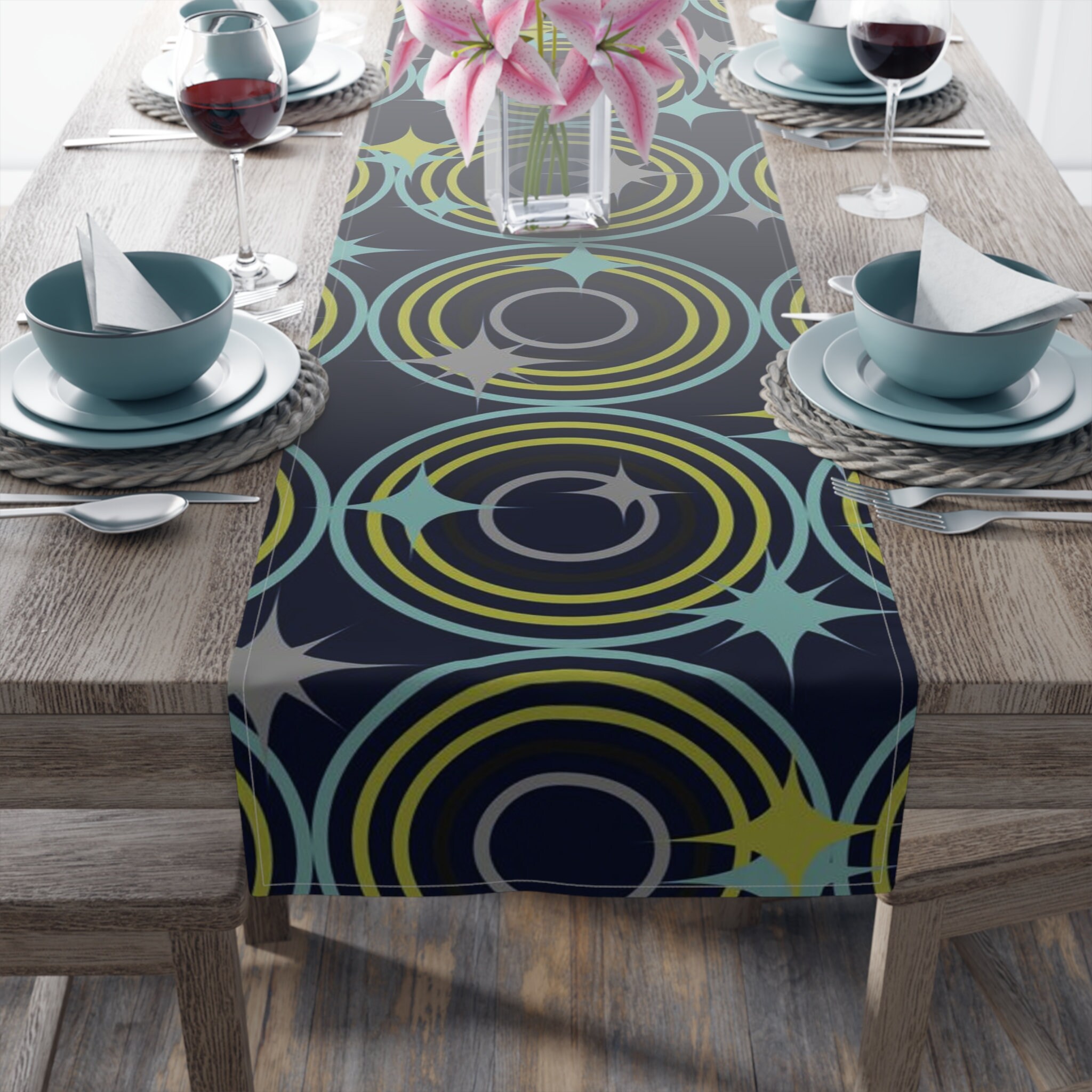 Navy Mid-century Modern Table Runner: Atomic Circles Decor - Etsy