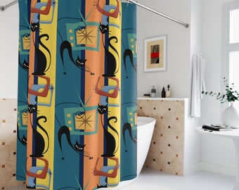 Mid Century Modern Cat Shower Curtain: Atomic Retro Bathroom Decor