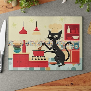 Retro Atomic Cat Glass Cutting Board: Whimsical Kitchen Decor