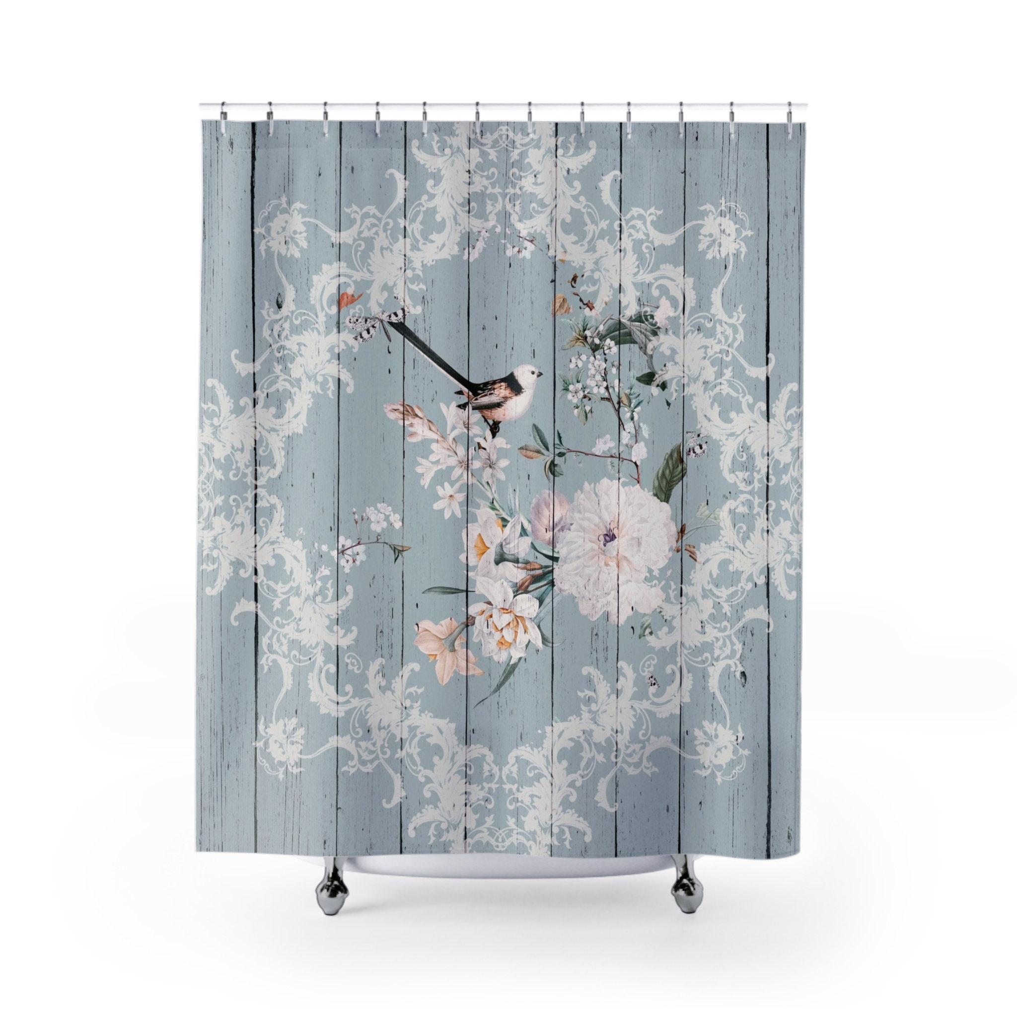 Shabby Chic Blue Wood Look Shower Curtain With Birds and Blossoms