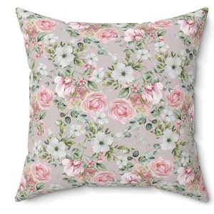 Pink roses and white flowers Shabby chic style Spun Polyester Square Pillow, French vintage inspired, farmhouse, scatter throw cushion