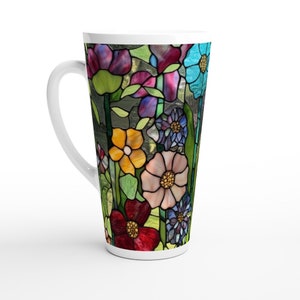 Stunning Stained Glass look 17oz Latte Mug, large coffee cup, floral garden, colorful tall mug, big coffee mug