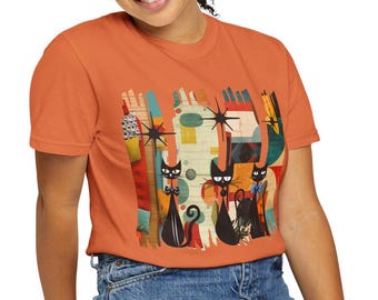 Atomic Cat Comfort Colors T-Shirt: Mid Century Modern Retro Tee