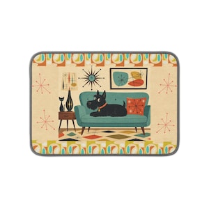 May include: A rectangular floor mat featuring a mid-century illustration of a black Scottish Terrier sitting on a teal sofa. The design includes a lamp, a starburst clock, a framed abstract print, and a geometric patterned border in orange and teal.